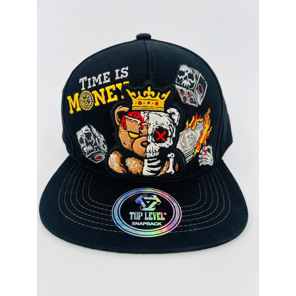 Top Level Snapback Hat Mens OSFM Black Time Is Money Bear Skull Embroidery New